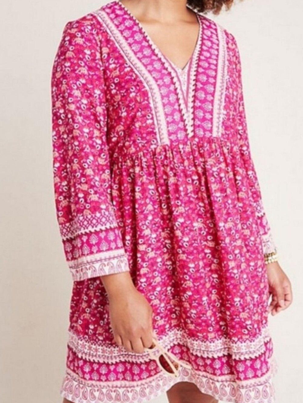 MAEVE Anthropologie Pink Floral V-Neck Embroidered Boho Dress 3/4 Sleeve XS